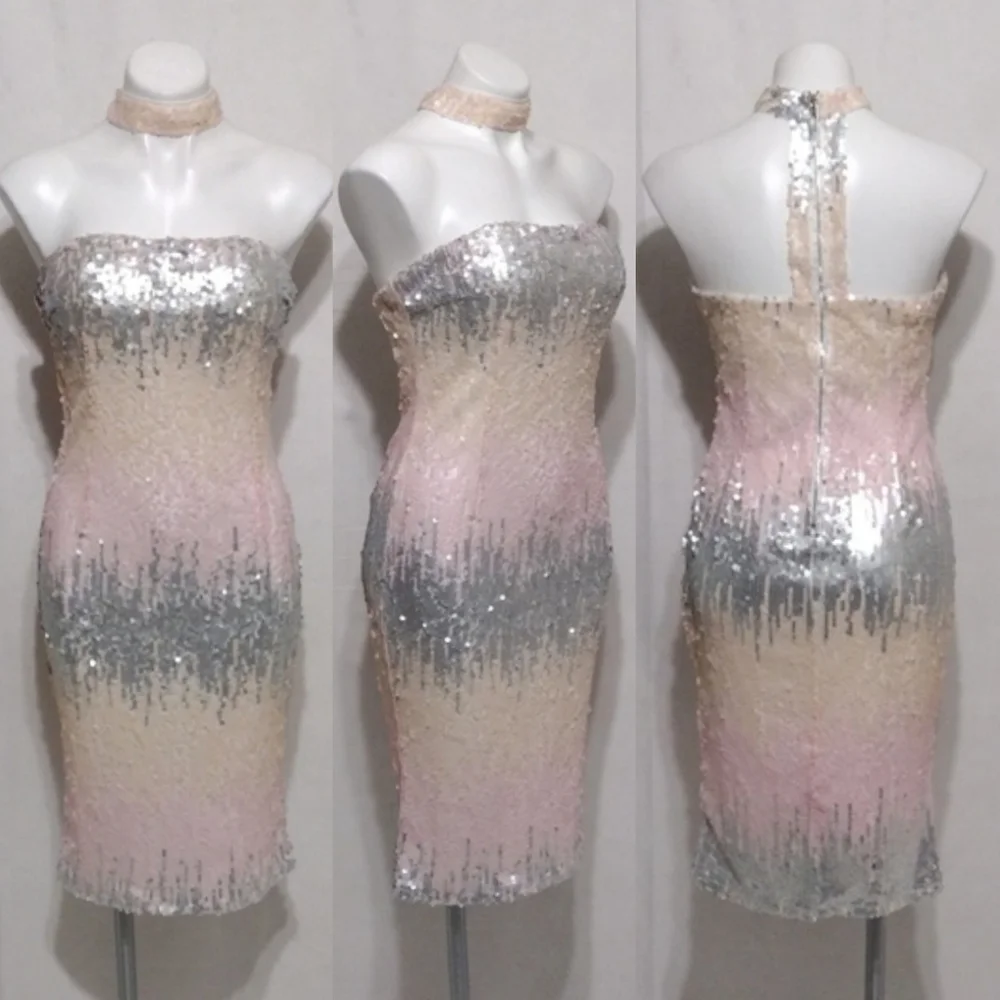 L’Atiste NWT Ombre Sequin Bodycon Dress Strapless High Neck Party Cocktail Large - Picture 1 of 16